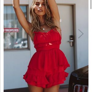 Gathered Bust Open Back Romper Red